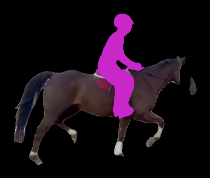 A horse as filmed, with the rider replaced by a solid magenta shape, on black